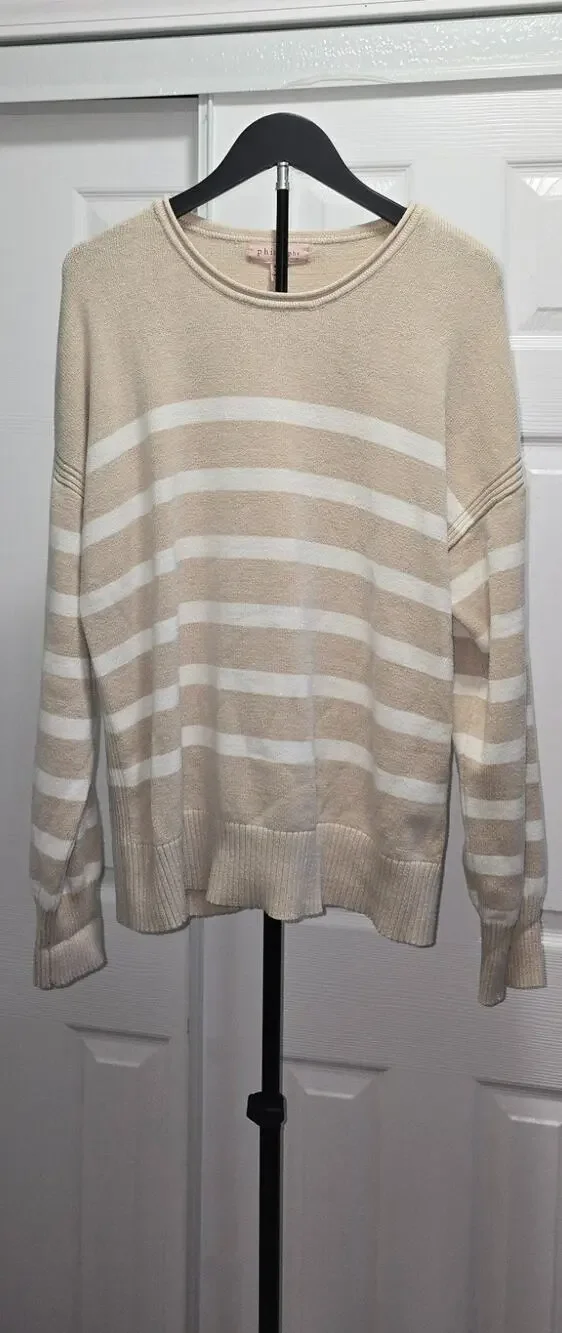 Philosophy XL cream and tan Striped Women's Pullover sweater